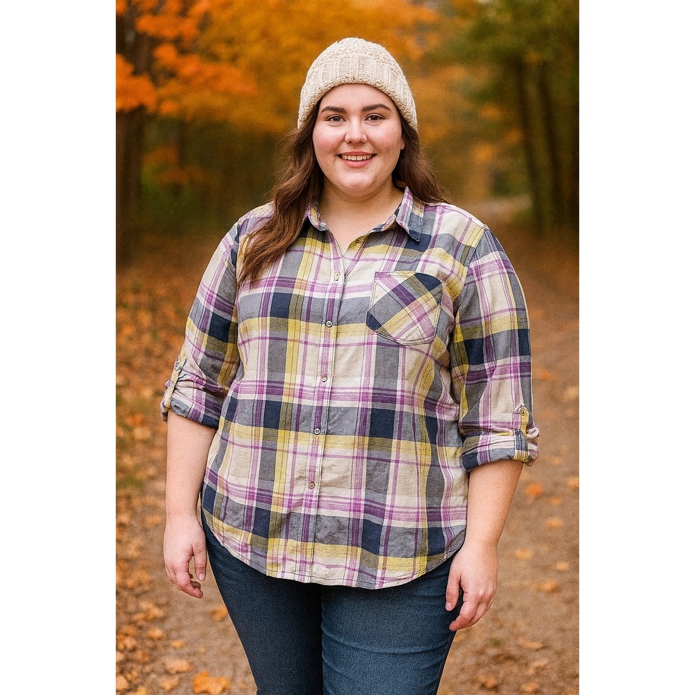 Arizona Juniors 1X plus plaid‎ top Blue Purple  3/4 Sleeve 100% Cotton Fall